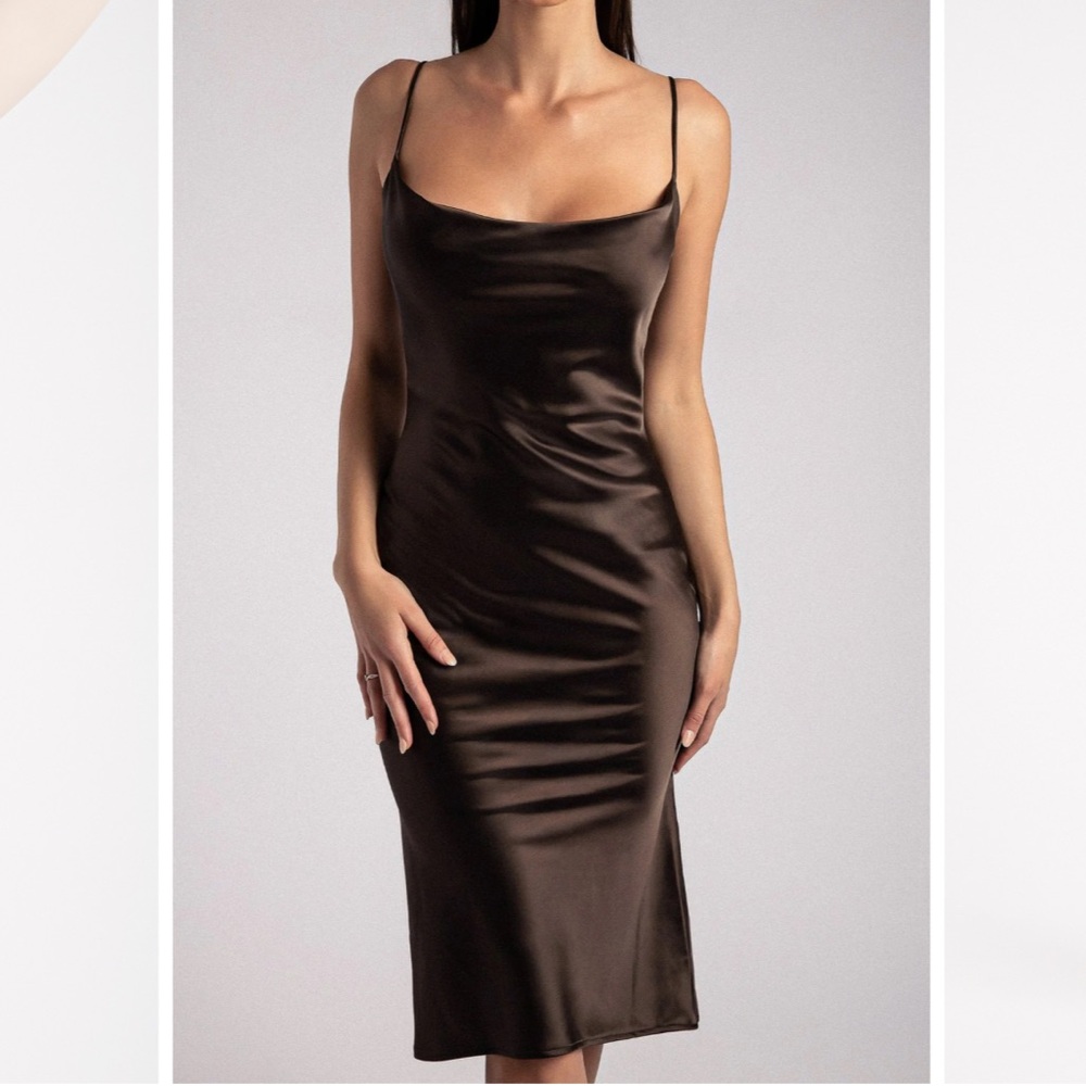 GIFTABLE Meshki Tabitha chocolate cowl neck midi dress